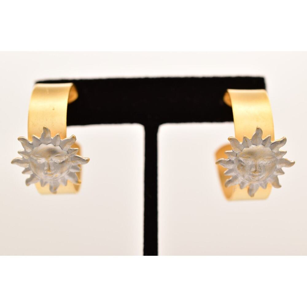 Vintage Sun Hoop Earrings Brushed Gold Silver Summer Chunky NOS 1980s BinA18